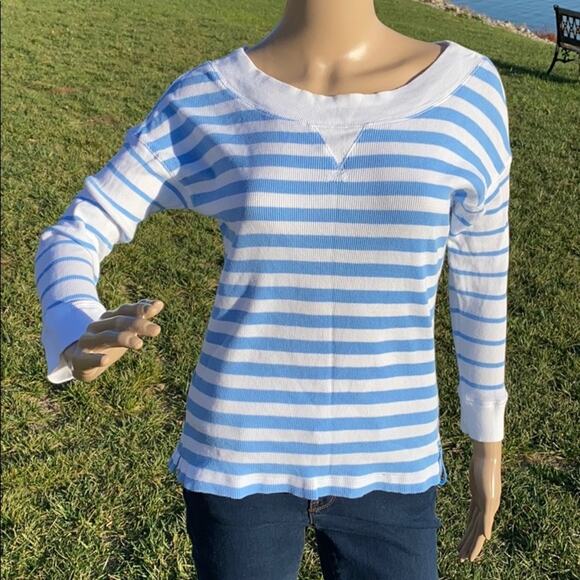 Lauren Ralph Lauren Tops - Lauren Ralph Lauren Women's White Blue Stripe Waffle Long Sleeve Sweater Top S